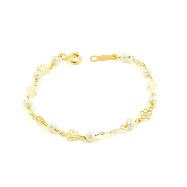 18K Gelbgold Mädchen Kinder Armband 3,5 mm runder Perle glänzender Blume 13 cm