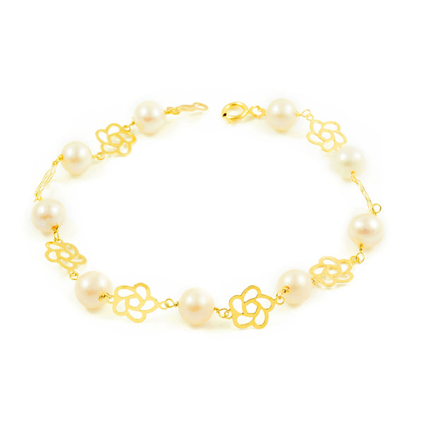 18K Gelbgold Mädchen Kinder Armband 6 mm runder Perle 18 cm glänzender Blume