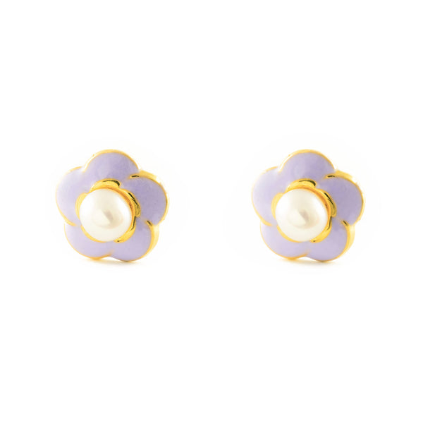 Lila Emaille Blume Perle 3 mm Kinder Mädchen Ohrringe Gelbgold 9K