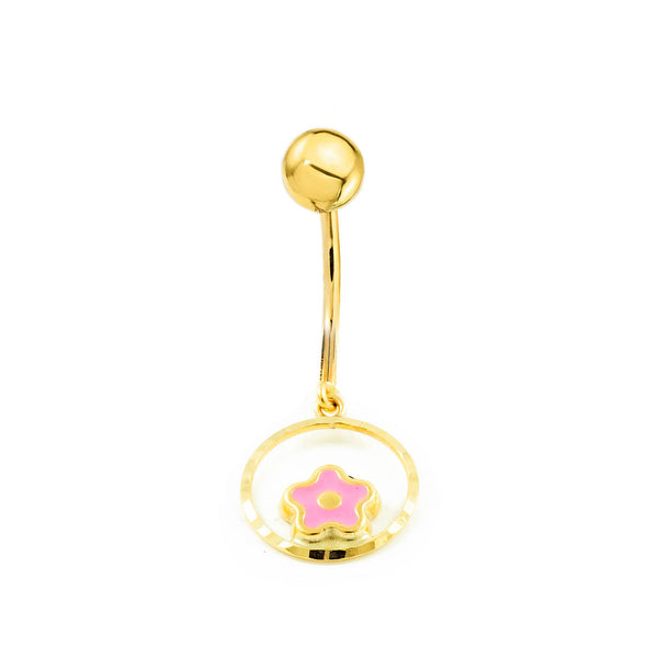 9K Gelbgold Nabel Piercing Rosa Blütenmuster Glanz