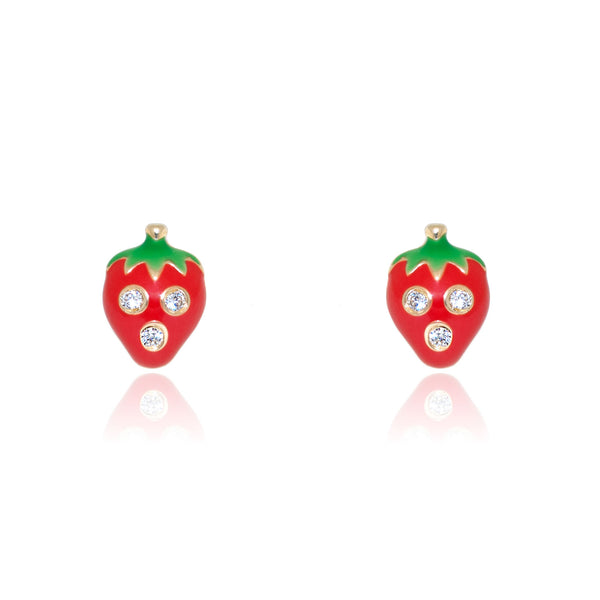 Rot-Grün Emaille Erdbeeren Zirkon Kinder Mädchen Ohrringe Gelbgold 18K