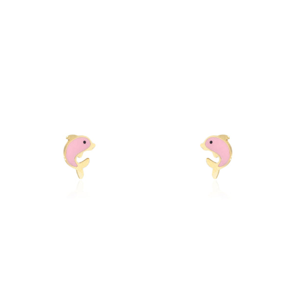 Rosa Emaille Delfin Kinder Mädchen Ohrringe Gelbgold 18K