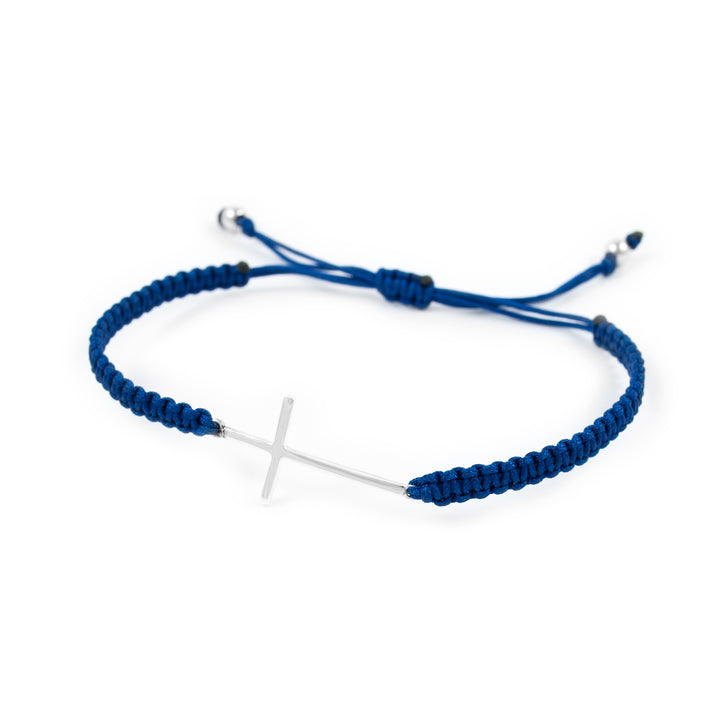 Pulsera macrame azul con cruz en plata