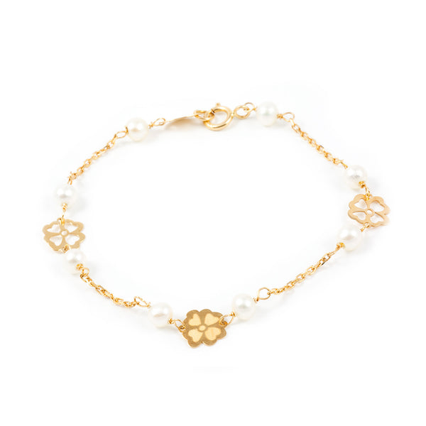 18K Gelbgold Mädchen Kinder Armband 3,5 mm runder Perle mattem Blütenmuster Glanz 14 cm