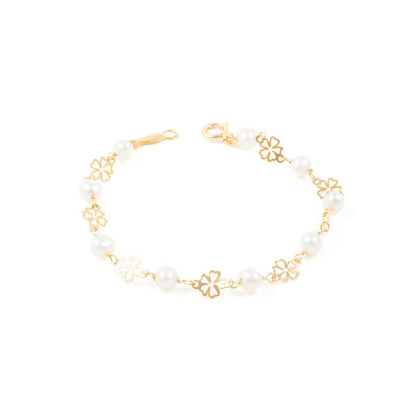 9K Gelbgold Damen & Kinder Blume Perle 4 mm Armband