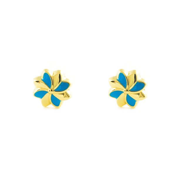 Blaue Emaille Blume Kinder Mädchen Ohrringe Gelbgold 18K