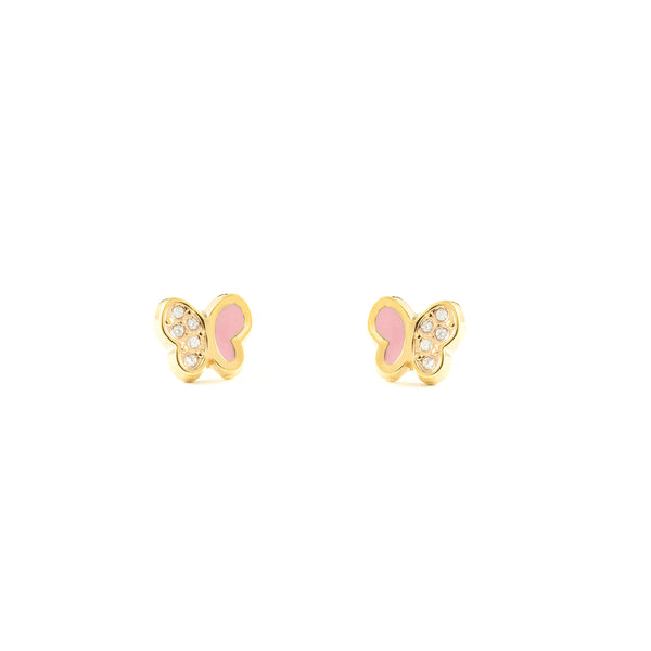 Rosa Emaille Schmetterling Zirkon Kinder Mädchen Ohrringe Gelbgold 9K