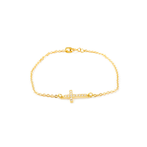 18K Gelbgold Mädchen Kinder Armband horizontaler Kreuz Zirkonita Glanz 18 cm