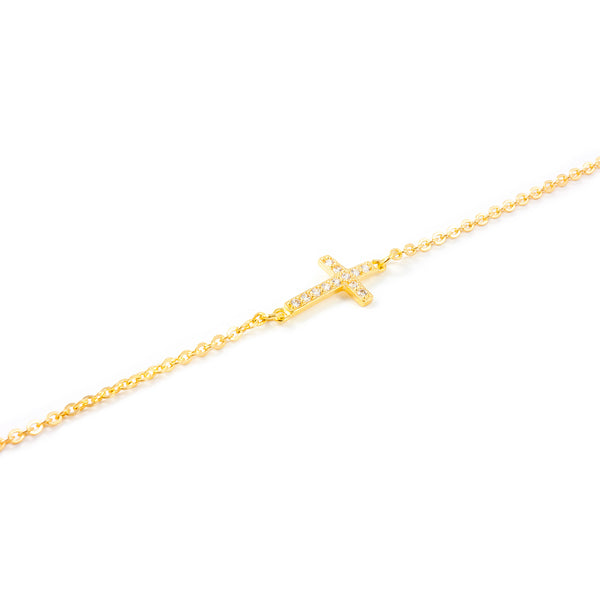 Halskette für Frauen und Mädchen Gelbgold 18K horizontales Kreuz glänzendem Zirkonia 46 cm