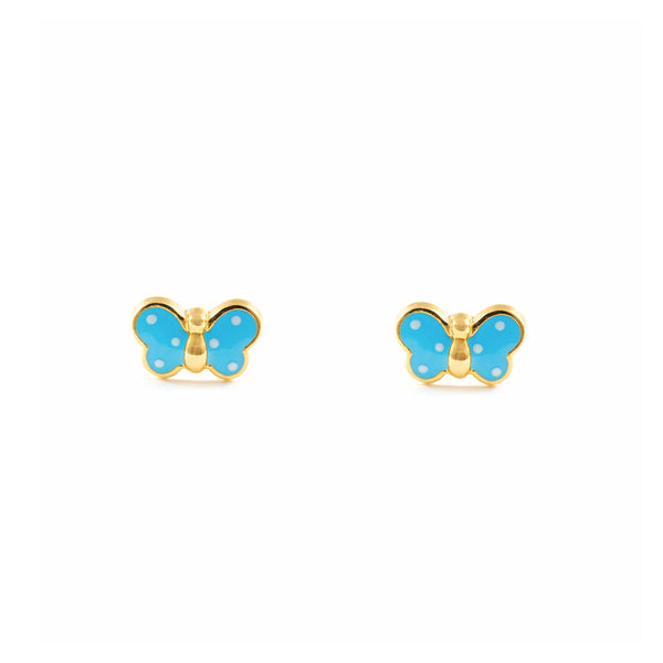 Hellblaue Emaille Schmetterling Kinder Baby Mädchen Ohrringe Gelbgold 18K