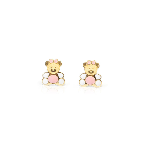 Rosa-Weiße Emaille Bär Kinder Mädchen Ohrringe Gelbgold 18K