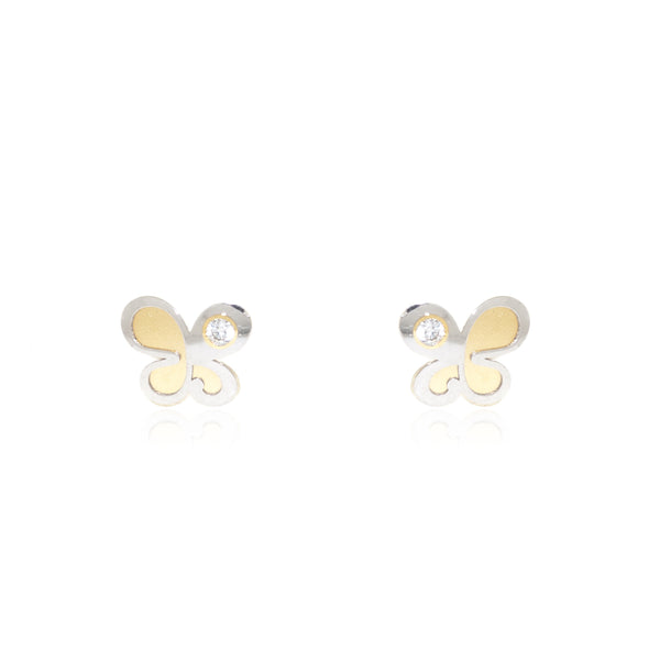 Schmetterling Zirkon Kinder Mädchen matt und glänzend Ohrringe 18K two color Gold
