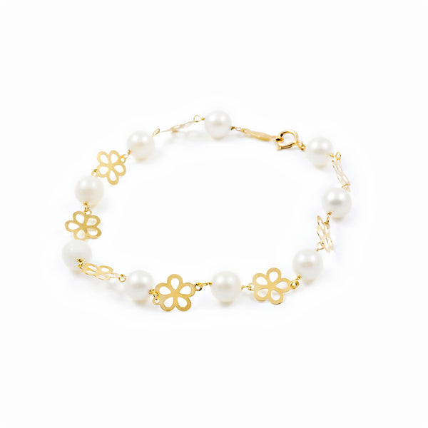 18K Gelbgold Mädchen Kinder Armband 6 mm runder Perle 18 cm glänzender Blume