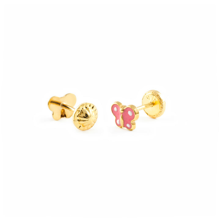 Pendientes Bebe o Niña Oro Mariposa Esmalte Rosa (9kts)