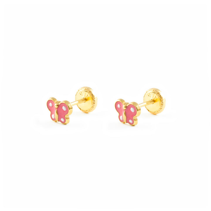 Pendientes Bebe o Niña Oro Mariposa Esmalte Rosa (9kts)