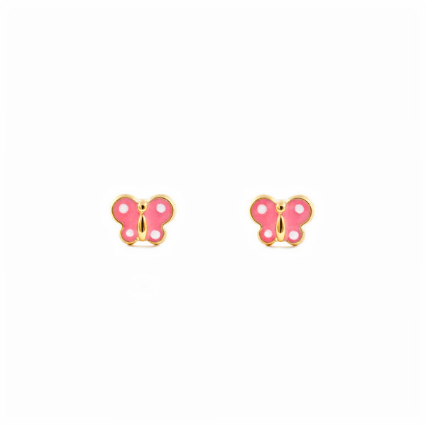 Rosa-Weiße Emaille Schmetterling Kinder Baby Mädchen Ohrringe Gelbgold 9K