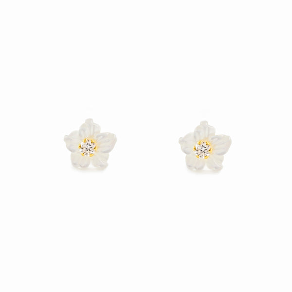 Perlmutt Blume Zirkon 2 mm Kinder Mädchen Ohrringe Gelbgold 9K