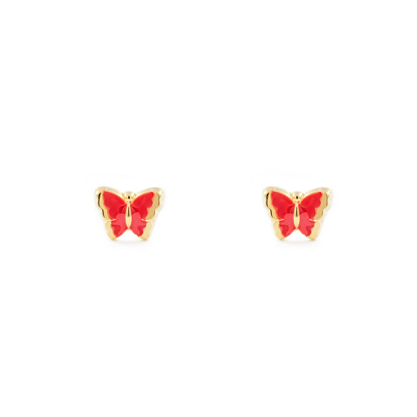 Rote Emaille Schmetterling Kinder Baby Mädchen Ohrringe Gelbgold 18K