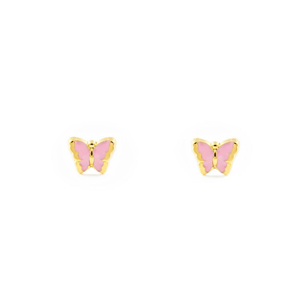 Hellrosa Emaille Schmetterling Kinder Baby Mädchen Ohrringe Gelbgold 9K