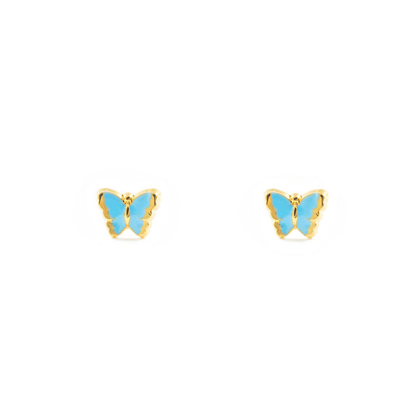 Hellblaue Emaille Schmetterling Kinder Baby Mädchen Ohrringe Gelbgold 18K