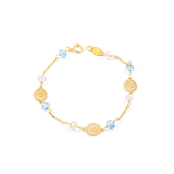 18K Gelbgold Mädchen Kinder Armband blauen Blumen 13 cm Glanz