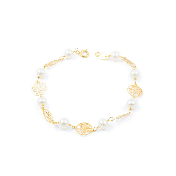 18K Gelbgold Mädchen Kinder Armband 5,5 mm runder Perle 17 cm Glanzlänge