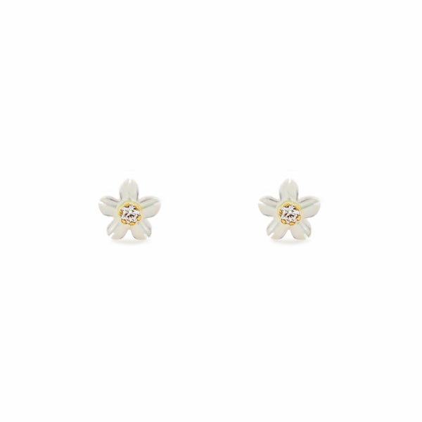 Perlmutt Blume Zirkon 2 mm Kinder Mädchen Ohrringe Gelbgold 18K