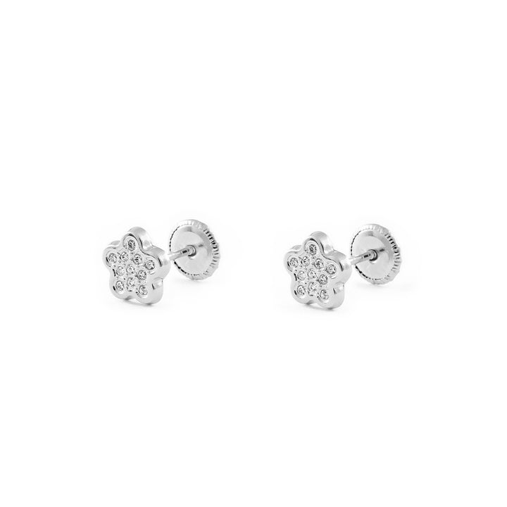 Pendientes Bebe o Niña Oro Blanco Flor 5 Petalos con Circonitas